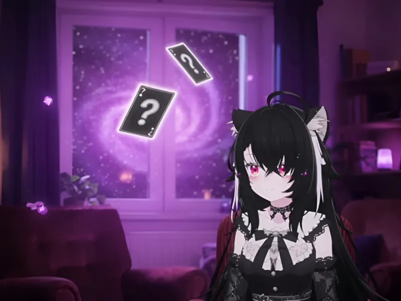 Deep Talk Cards:紫色夜晚房间里,猫耳角色身边漂浮着问号卡牌